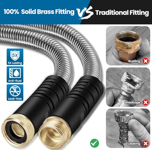 Garden Hose 100FT, Water Hose with 10 Function Nozzle, Garden Hose Metal with Leak-proof Connectors, Kink-Free & Ultra Flexible, Rust/Puncture Proof for Lawn, Yard, RV, Car Wash, 550PSI - size: 100 FT