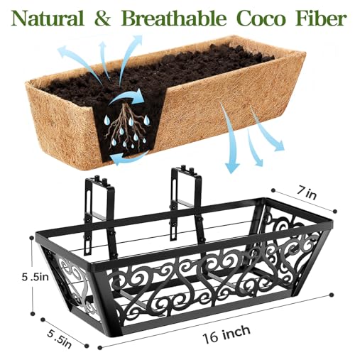 4 Pack 16 Inch Deck Railing Planter Box - Window Boxes Planters with Adjustable Brackets Coco Liners Balcony Planters Railing Hanging for Window Flower Boxes Outdoor Garden Decor - size: 16 Inch