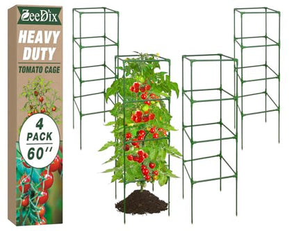 ZeeDix 60 Inch 4 Pack Heavy Duty Tomato Cages with Clips - color: Green-4 Pack, size: 60-inch