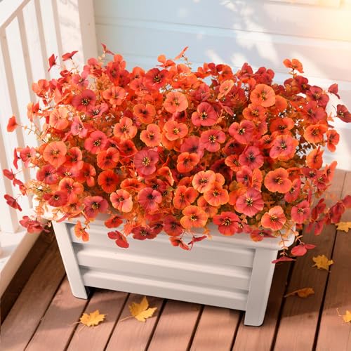 INQCMY Artificial Pansy Fall Flowers for Outdoors Decoration Faux Mums - color: Orange Autumn Red