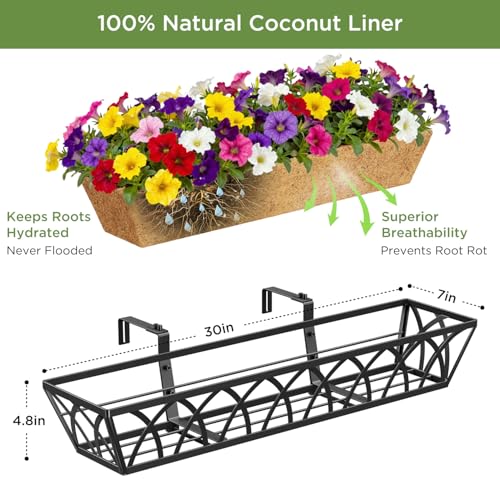 Y&M 4 Pcs 30'' Deck Railing Planters Outdoor Balcony, Large Metal Window Box Deck Railing Planter with Coco Liner for Outdoor Balcony Porch Fence Patio Rail - size: X - 30in 4p