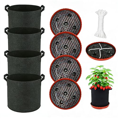 ORIMERC 4 Pack Grow Bags 5 Gallon for Growing Strawberry Tomato Self Watering Planter Fabric Plant Grow Bag Come with Plastic Plant Saucer 300G Thickened Garden Pots to Grow Vegetables, Fruit, Flower