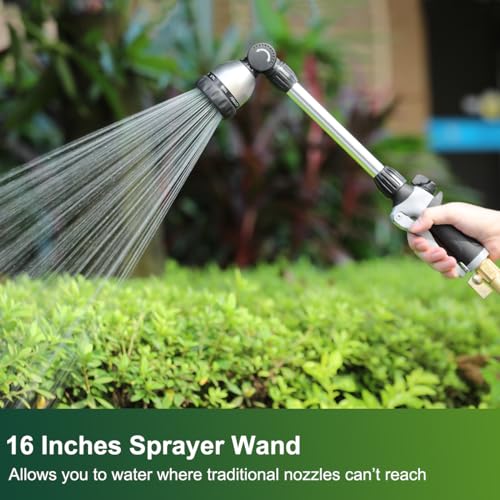 FANHAO Watering Wand Heavy Duty, 16 Inches Metal Garden Hose Wand with 8 Spray Patterns, Long Hose Nozzle Sprayer with ON/OFF Thumb Control, Perfect for Hanging Baskets, Shrubs, Garden and Lawn