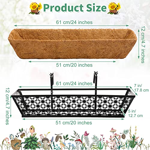 Potchen 6 Pack 24 Inch Railing Window Boxes Planters with Coconut Liner Boxes Metal Black Hanging Flower Planter Window Basket for Indoor Outdoor Lawn