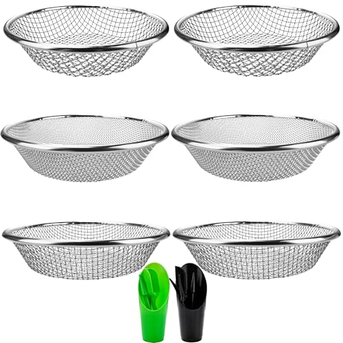 14 Pcs Soil Sifter for Gardening Stainless Steel Rock Sifter Including 3, 6, 10 mm Hole Puncher Planting Spoon Seedling Lifting Device Bucket to Catch Dirt Rocks Sawdust, 3 Sizes