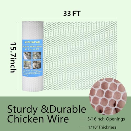 White Plastic Wire Mesh Fence 15.7IN x 33FT - Commercial Grade Hexagonal Netting, Heavy Duty Snake & Rodent Barrier for Farms, Poultry Yards, Dog Runs | Durable Outdoor Security Fencing - color: White, size: 15.7 IN * 33 FT