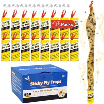16 Pack Fly Strips Indoor Hanging Fly Trap Outdoor Sticky with Pins - size: 16 pack