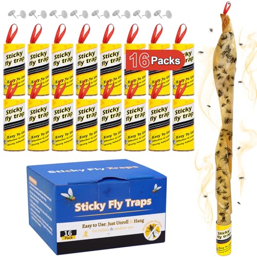 16 Pack Fly Strips Indoor Hanging Fly Trap Outdoor Sticky with Pins - size: 16 pack