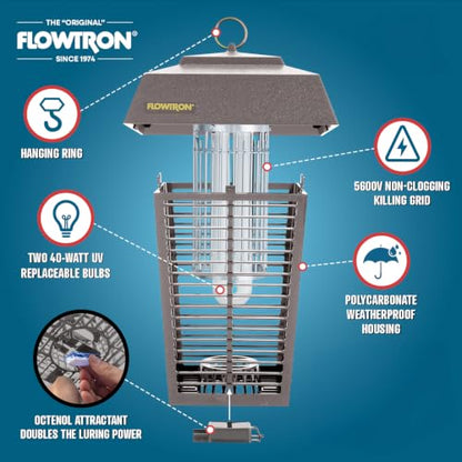 Flowtron Bug Zapper, 1.5 Acre Outdoor, Two 40W UV Bulb, 5600V Zap, Grey - color: Gray