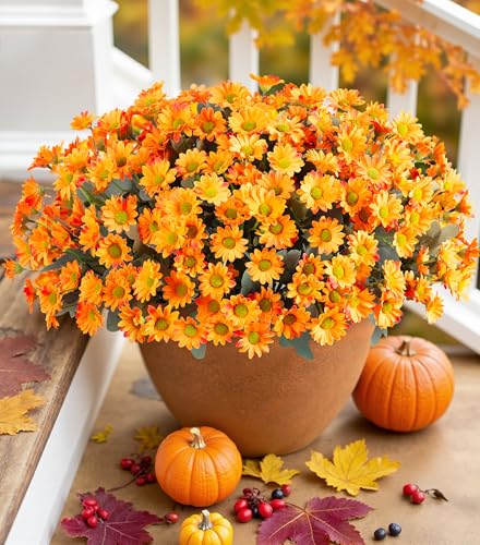 Daisy Artificial Flowers for Outdoors Autumn Fall Decor, 6 Bundles Fake Mums Orange Silk Flowers for Outside Look Real UV Resistant Fake Plants Faux Flowers for Planter Front Door Home Indoor Porch - color: Orange