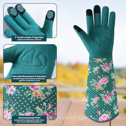 Gardening Gloves for Women, Long Garden Gloves with Grip, Thorn-Proof, Gift - color: Dark Green - Pink Flower