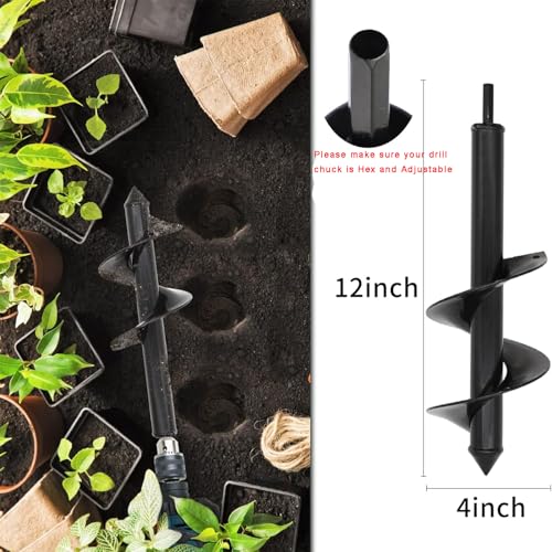 TCBWFY 4x12 Inch Garden Auger Drill Bit for Planting, Spiral Hole Digger for Flower Bulbs, Bedding Plants and Seedlings, Earth Auger with Hex Shank for Adjustable Drill Chucks - size: 4"x12"-Black