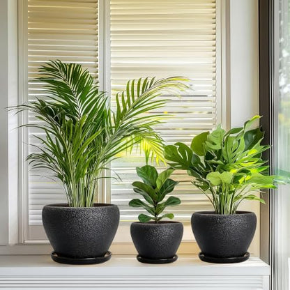 10+8+6 Inch Ceramic Planter, Ceramic Plant Pots, Relief Black - color: Relief Black
