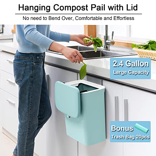 Tiyafuro 2.4 Gallon Kitchen Compost Bin for Counter Top or Under Sink, Hanging Small Trash Can with Lid for Cupboard/Bathroom/Bedroom/Office/Camping, Mountable Indoor Compost Bucket (Blue) - color: Blue