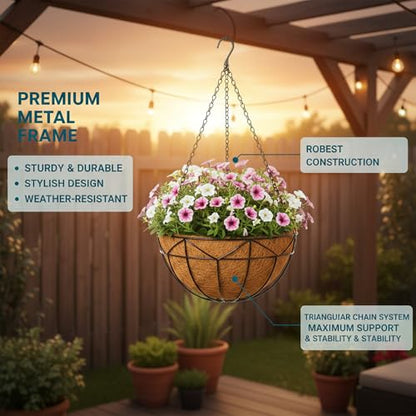 Unique Metal Iron Geometric Hanging Planter Set of 4 Stylish 12 Inch Extra Deep Coco Liner Breathable Heavy Duty Balcony Tree Hanging Basket Drop Weatherproof （Geometric Patterns） - color: Geometric