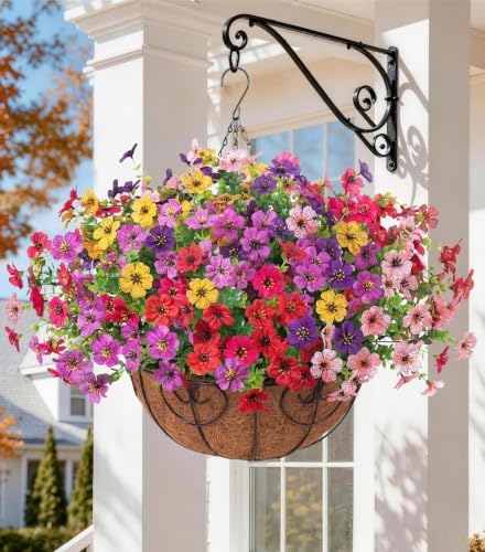 HyeFlora Artificial Fake Hanging Plants Flowers with Basket Outdoor Decor Faux Silk Dasiy Flower Arrangements in Pot Planter for Porch Home Indoor Patio Garden Yard Decoration - color: 6 Multicolor