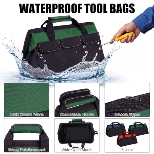 Sanwuta 3 Pack 18 Inch Tool Bags, Side Gusset, Red, Army Green, Blue - color: Red, Army Green, Blue, size: 18 Inch, style: Side Gusset