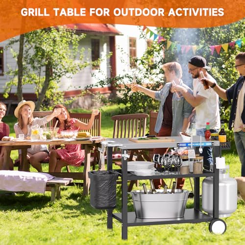 Grill Table, Stainless Steel Grill Cart with Three-Shelf, Movable Pizza Oven Table with Side Tray ＆ Trash Bag Holder, Outdoor Grill Stand with Hooks for Food Prep, Outside Tailgating, Camping - color: Stainless