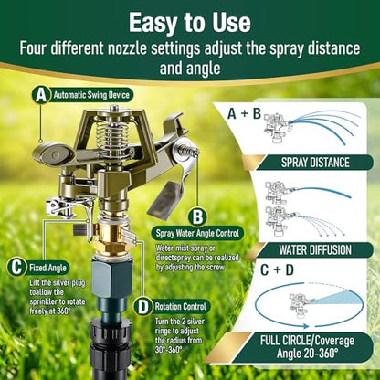 Impact Pulsating Sprinkler with 16-30" Adjustable Aluminum Sprinkler Riser, Heavy Duty Water Sprinklers Head with Aluminum Alloy Spike Base, Pulsating Sprinklers for Large Area Lawn Patio Garden