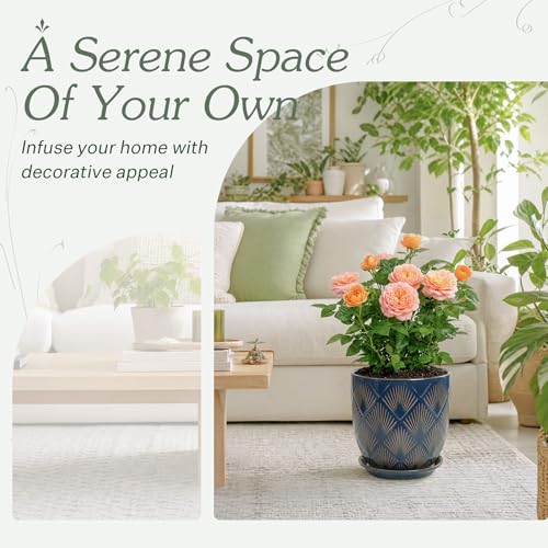 7.2 Inch Modern Ceramic Glaze Plant Pot with Drainage Hole,Mesh Net,Saucer,Indoor Outdoor Planter(Fan-Blue) - color: Fan-blue