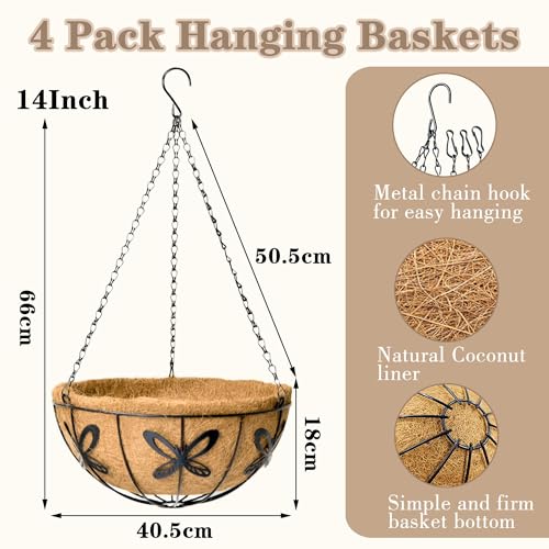 EIMQUVW Outdoor Metal Hanging Planters Basket (4pack, 14 inch) Hanging Baskets for Plants Chain Round Wire Plant Holder with Coco Fiber Liners for Garden, Patio, Deck, Porch(Butterfly)