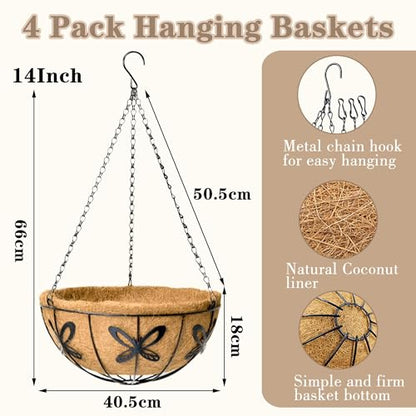 EIMQUVW Outdoor Metal Hanging Planters Basket (4pack, 14 inch) Hanging Baskets for Plants Chain Round Wire Plant Holder with Coco Fiber Liners for Garden, Patio, Deck, Porch(Butterfly)