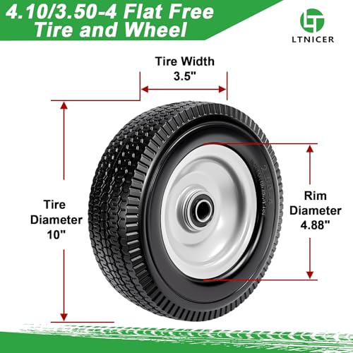 (2-Pack) 4.10/3.50-4" Flat Free Tire and Wheel, 10" Solid Tire with 5/8" Axle Bore Hole, 2.2" Offset Hub for Hand Truck Garden Wagon Cart Gorilla Carts Trolley Dolly Lawn Mover Replacement - size: 10 Inch