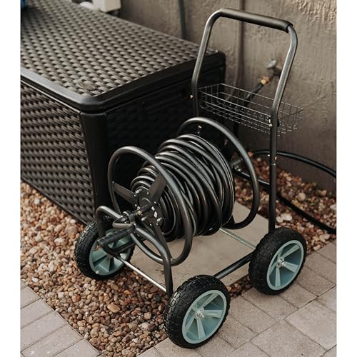 Backyard Expressions 4‑Wheel Garden Hose Reel Cart with Storage Basket, Hand‑Crank Rewind, Rust‑Resistant Hammertone Gray Finish, Brass Connectors - style: 2026 4 Wheel