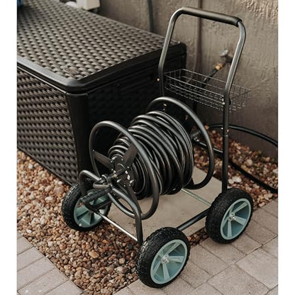 Backyard Expressions 4‑Wheel Garden Hose Reel Cart with Storage Basket, Hand‑Crank Rewind, Rust‑Resistant Hammertone Gray Finish, Brass Connectors - style: 2026 4 Wheel