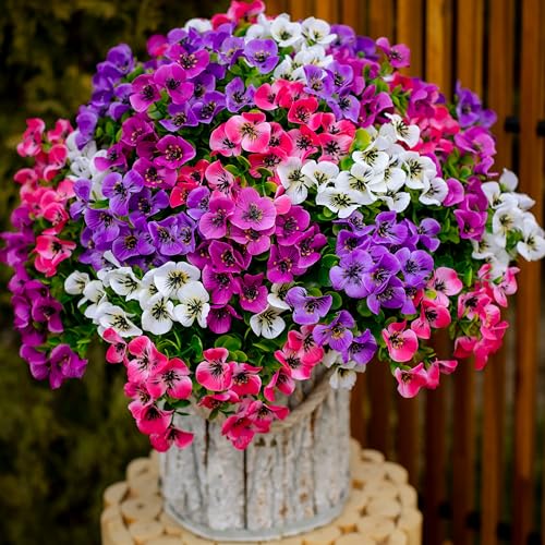 AXYLEX Artificial Pansies Outdoor, 16 Bundles Fake Plants (Multi 4) - color: 16 Pcs - Red Pink+purple+white+magenta