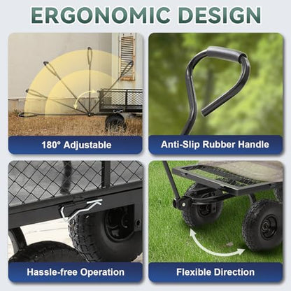 Heavy Duty Garden Wagon Cart – 880 LBS Steel Utility Cart with All-Terrain 3.50-4" Solid Wheels, 10" Tires, 180° Rotating Handle, Removable Sides, Laser-Welded Frame for Multi-Surface Use