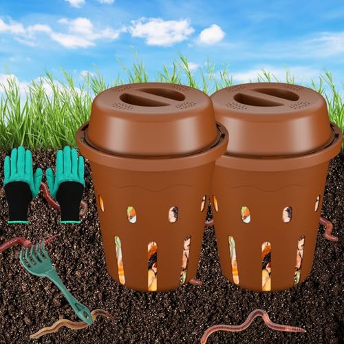 Inground Worm Composter, Mini Underground Worm Farm for Garden Beds, Outdoor Worm Compost Bin for Food Waste, Vermicomposting Bin for Beginners, Elderly, Children (7x7x7.4Inch), Tan, 2-Pack - color: Tan, size: 2-Pack