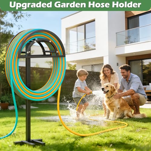 OLV Garden Hose Holder, Freestanding Water Hose Reel for Outside - color: Black