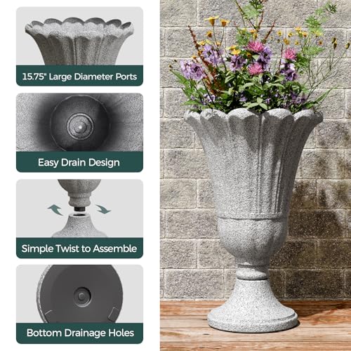 Tall Plastic Urn Planters and Pedestal - 24" Outdoor Planter Grey - color: Gray2-petal