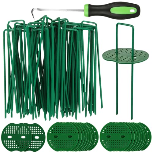 DAJAVE 100 Pack Green Landscape Staples, 6 Inch U Shaped Garden Stakes with 100 Washers and Pick Hook, 11 Gauge Galvanized Ground Landscape Pins for Weed Barrier, Landscape Fabric, Sod, Turf, Yard