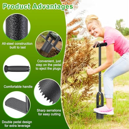 Dolibest Sod Plugger Tool, Grass Plugger Tool with Dual Pedals & Foot Ejector, Bulb Planter W/Sharp Serrations and Non-Slip Soft Grip Handle, for Lawn Planting Bulbs and Grass Repair, Easy Assembly - color: Black F- 3'' depth
