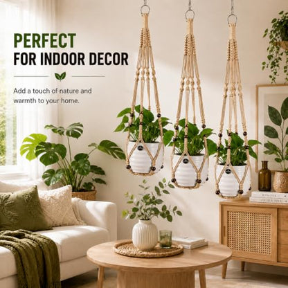 Macrame Plant Hangers with Beads for Indoor and Outdoor, 3 Pack - color: Linen