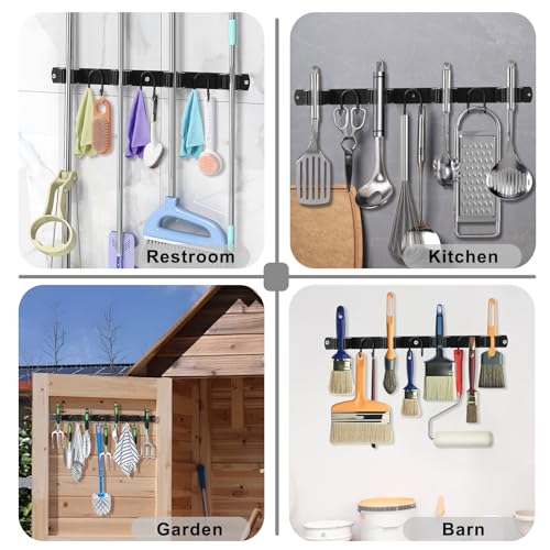 Broom Holder Wall Mount, Stainless Steel Mop Hanger with 4 Slots 6 Hooks, Tool Storage Wall Organizer for Kitchen Garden Garage Laundry Room Bathroom and RV, Black 1-Pack - color: Black-1 Pack