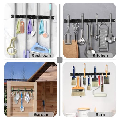 Broom Holder Wall Mount, Stainless Steel Mop Hanger with 4 Slots 6 Hooks, Tool Storage Wall Organizer for Kitchen Garden Garage Laundry Room Bathroom and RV, Black 1-Pack - color: Black-1 Pack