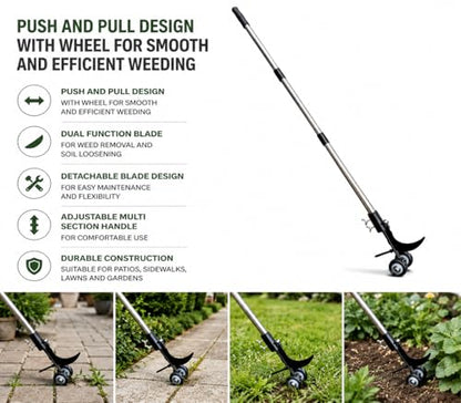 Long Handle Stand Up Weeder Tool, Detachable Blade Weed Puller with Stainless Steel Handle, Adjustable Extension No Bending Weeding Tool for Garden Lawns Driveway Pavers Sidewalk Cracks