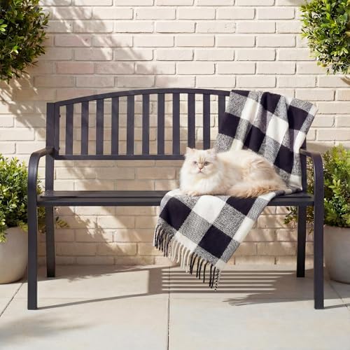 50" Outdoor Garden Bench, Iron Metal Frame Patio Bench with Backrest and Armrests, Weatherproof Anti-Rust Outdoor Bench for Front Porch, Park, Yard, Patio (402-32BK) - size: 50" - 402-32BK