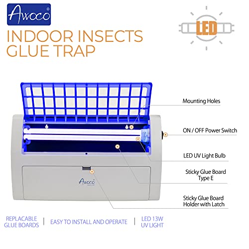 Awoco LED 13W 100V-240V Wall Mount Sticky Fly Trap Lamp for Capturing Flies, Mosquitoes, Moths and Flying Insects (Fly Trap) - size: Fly Trap