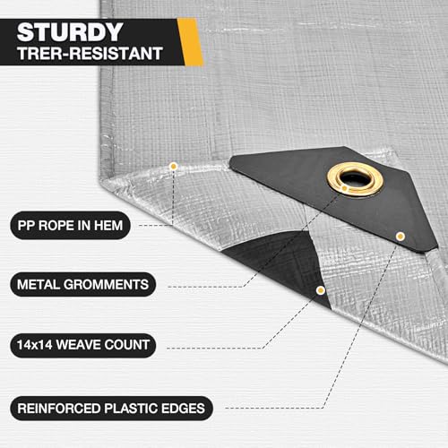 Winpull Heavy Duty Tarp 14 Mil Tarp Waterproof Silver 10x12 FT, UV Resistant Poly Tarp with Reinforced Grommets for Camping, Boat Cover, Patio Furniture, Roof, Firewood Pile - color: Silver/Black-14mil, size: 10'x12'
