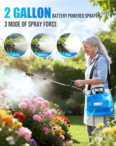 Battery Powered Sprayer 2 Gallon, Electric Weed Sprayer with 3 Adjustable Pressure Levels, 4 Nozzles & Extendable Wand, Rechargeable Garden Sprayer for Yard, Lawn, Plants & Fertilizer - color: Blue
