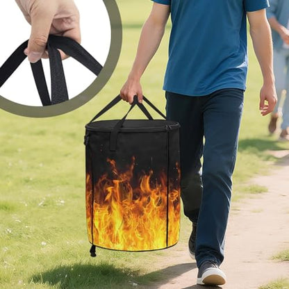 BIGCARJOB Collapsible Garbage Can Fire Print Trash Can Outdoor Waterproof Recycling Bin Storage Bag Holder Trash Bin with Lid and Clip, 22.83x17.71 in - color: Fire Print