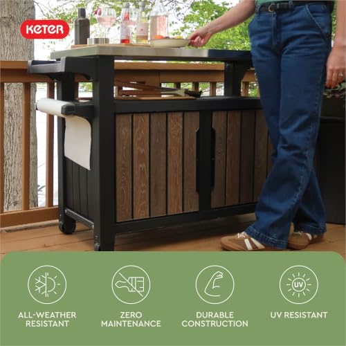 Keter Unity XL Outdoor Entertainment Cart with Wood‑Look Finish, 78‑Gallon Patio Storage Cabinet, Food Prep Station, Stainless‑Steel Top for BBQ, Grill, Patio, Deck & Backyard, Walnut - color: Walnut