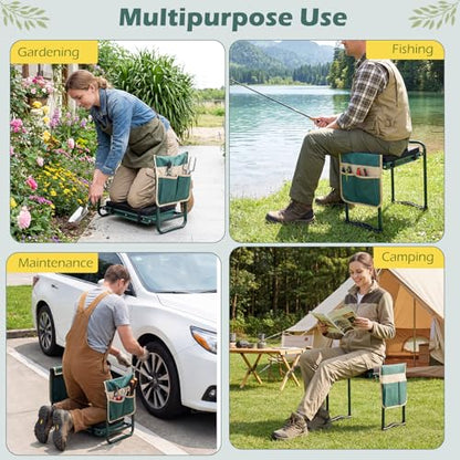 Goplus Foldable Garden Kneeler and Seat, 11" Wide 2-in-1 Gardening Bench, Detachable Thick EVA Foam Pad, 350 lbs Heavy-Duty Metal Frame, Tool Pouch, Portable Stool, Gardening Kit for Seniors (Green) - color: Green, style: With Kneeling Pad