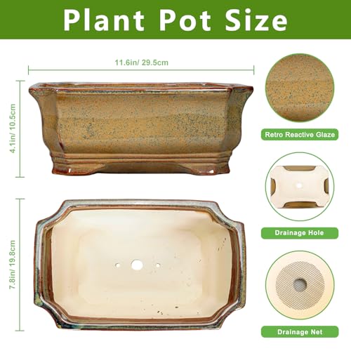 Bonsai Tree Pots 11.6 Inch - Ceramic Bonsai Planter for Succulent Plants, Succulent Pots with Drainage Hole, Large Indoor Flower Pot, Home Decor, Plant Lover Gifts, Rectangular Yellowish Brown - color: Rectangular Yellowish Brown, size: 11 Inch