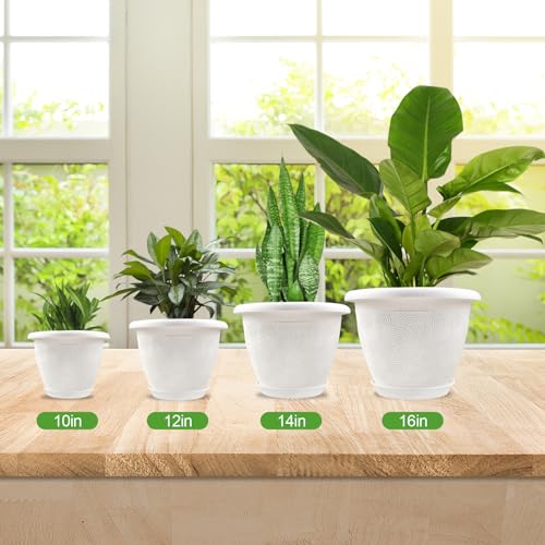 Plastic Flower Pots Planters For Indoor Plants, 4 Pack 12 Inch White Plant Pots With Drainage Hole & Tray, Modern Decorative Large Plant Pot With Saucer For Indoor Outdoor Plants Garden House Planter - color: White, size: 12 inch-4 pack