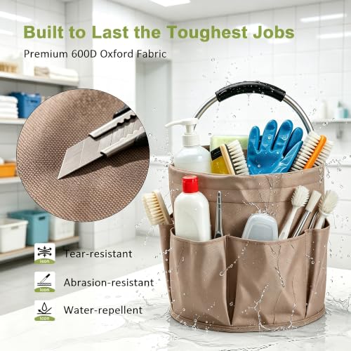 Cleaning Supply Caddy, 17L Foldable Cleaning Caddy with Handle and 6 Pockets, 600D Oxford Fabric Portable Shower Caddy, Bucket Bag for Cleaning Products, Camping, Khaki - color: Khaki